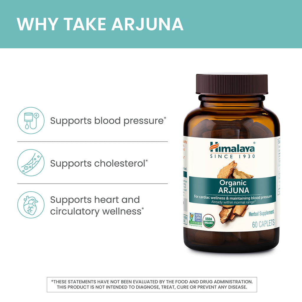 Himalaya Organic Arjuna, 60 Day Supply - Herbal Supplement Supporting Heart Health and Normal Blood Pressure - USDA Organic, Vegan, Non-GMO, Gluten Free, 700 mg, 60 Caplets