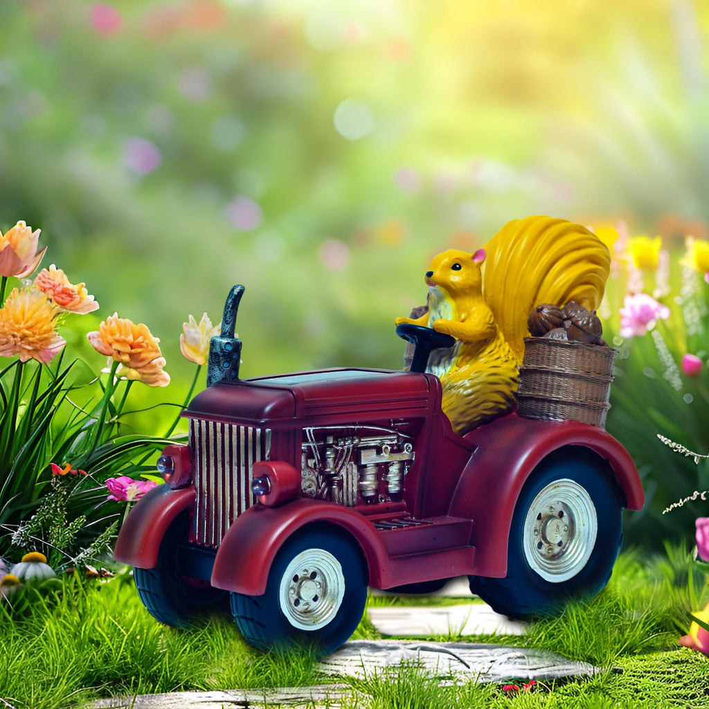 YUETJIN Solar Lighted Squirrel's Farm Tractor Statue