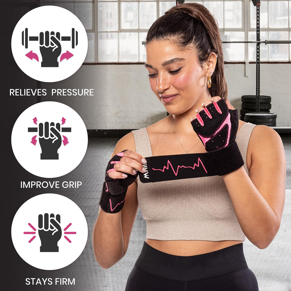 MhIL Workout Gloves for Women ��� Breathable Gym Gloves for Women with Palm Protection and Enhanced Grip ��� Padded Weight Lifting Glove for Womens with Wrist Wraps Support Weightlifting Exercise Cycling