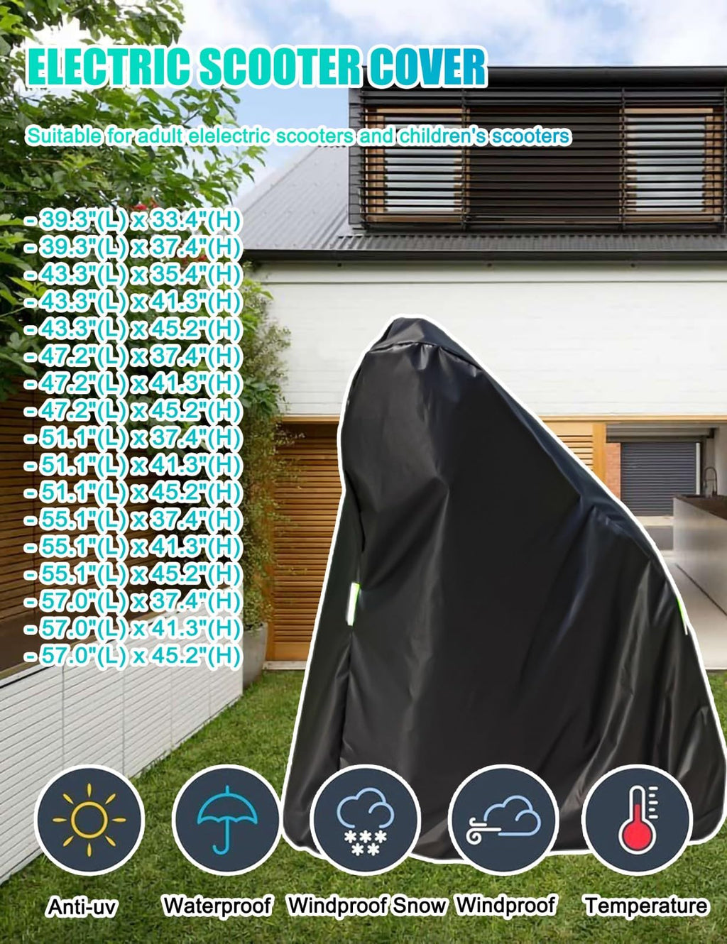 Electric Scooter Cover, Universal Scooter Cover, Waterproof Sun, Tear Proof Night Reflective and Lock-Holes&Storage Bag for With Seat or Without Foldable Kick Scooter(Without Seat,51"(L)x45"(H))