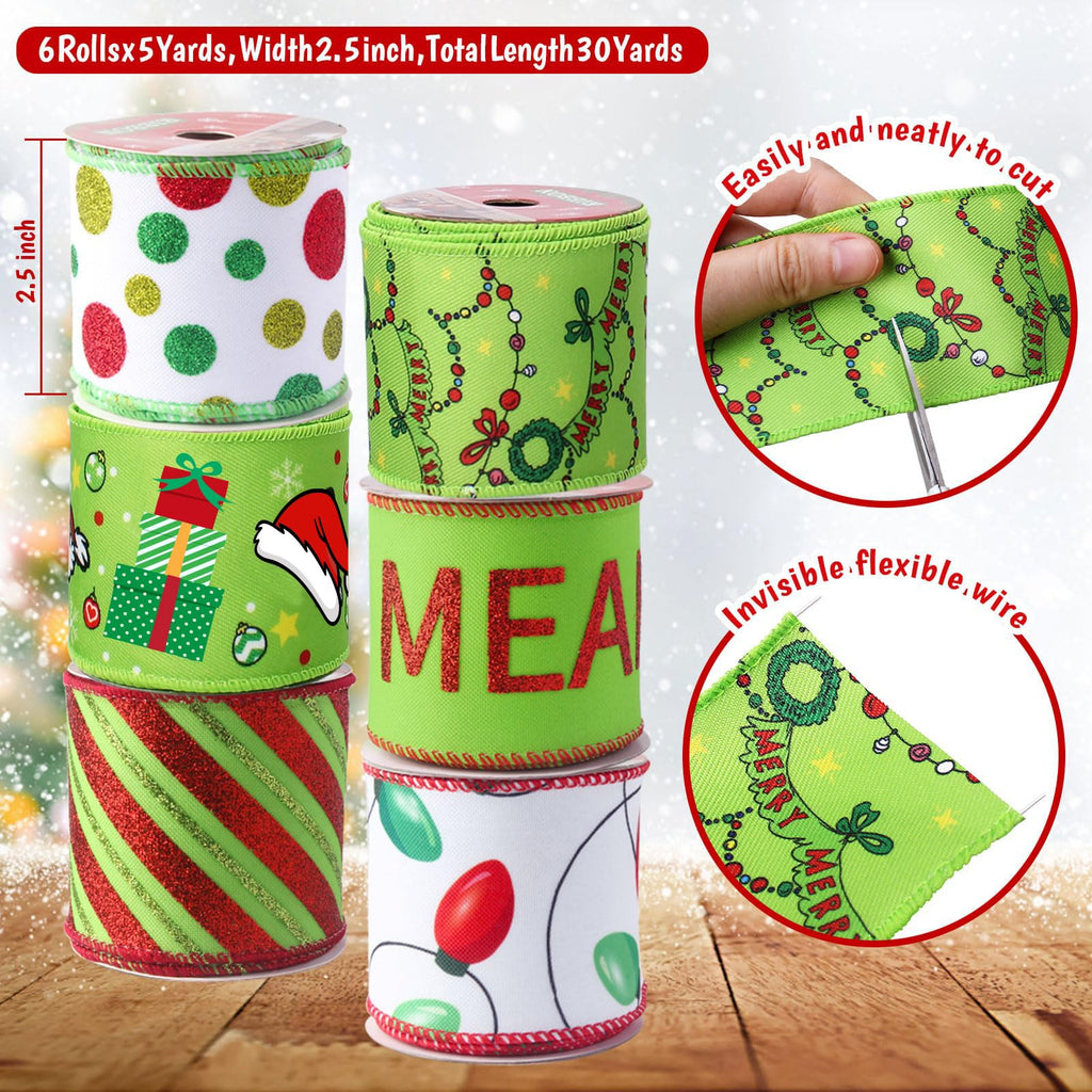 Tsorode Christmas Ribbon Wired 2.5 inch,6 Rolls 30 Yards Christmas Ribbon