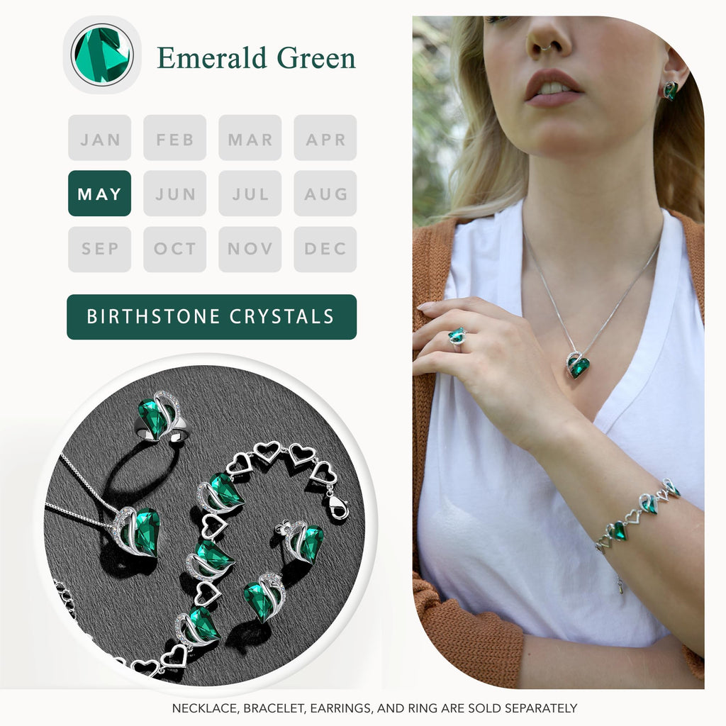 Leafael Infinity Love Heart Stud Earrings for Women, May Birthstone Crystal Emerald Green, Gifts for Mom, Wife, and Her, Silver Tone