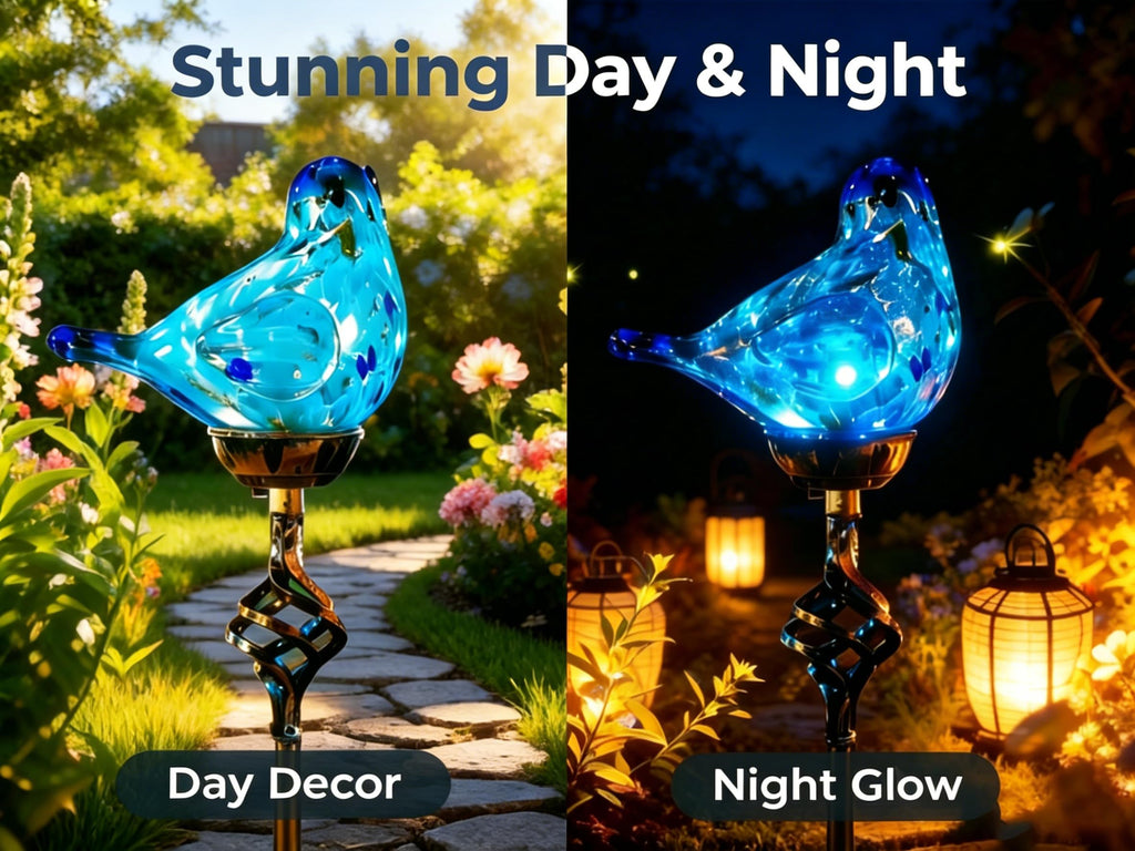 Garden Solar Lights,Solar Garden Stake Lights - Hand Blown Glass Decorative Garden Pathway Lights Outdoor Waterproof Sky Blue Bird Glass Stakes