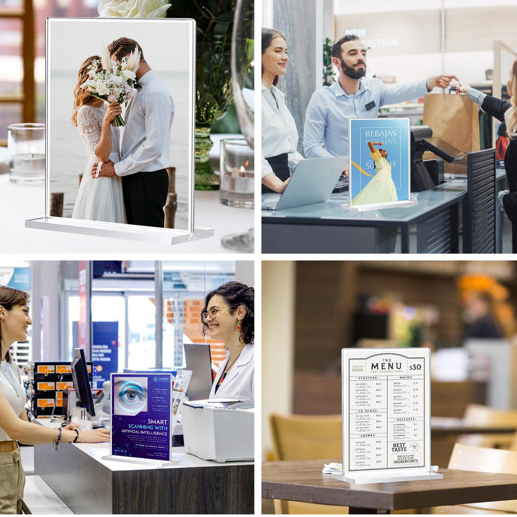 12 Pack Acrylic Sign Holder 8.5 x 11, Double-Sided Clear Sign Holder Plastic Stands for Display, T Shape Acrylic Table Sign Stands for Office Store Restaurants Wedding Party Decoration