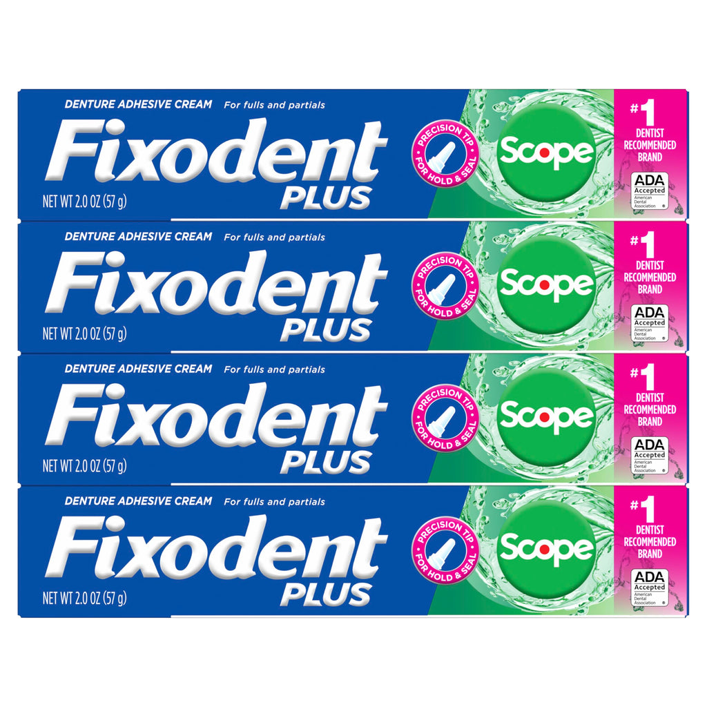 Fixodent Plus Scope Denture Adhesive Cream, Scope Mint, 2.0 oz (4-Pack) – Strong False Teeth Glue