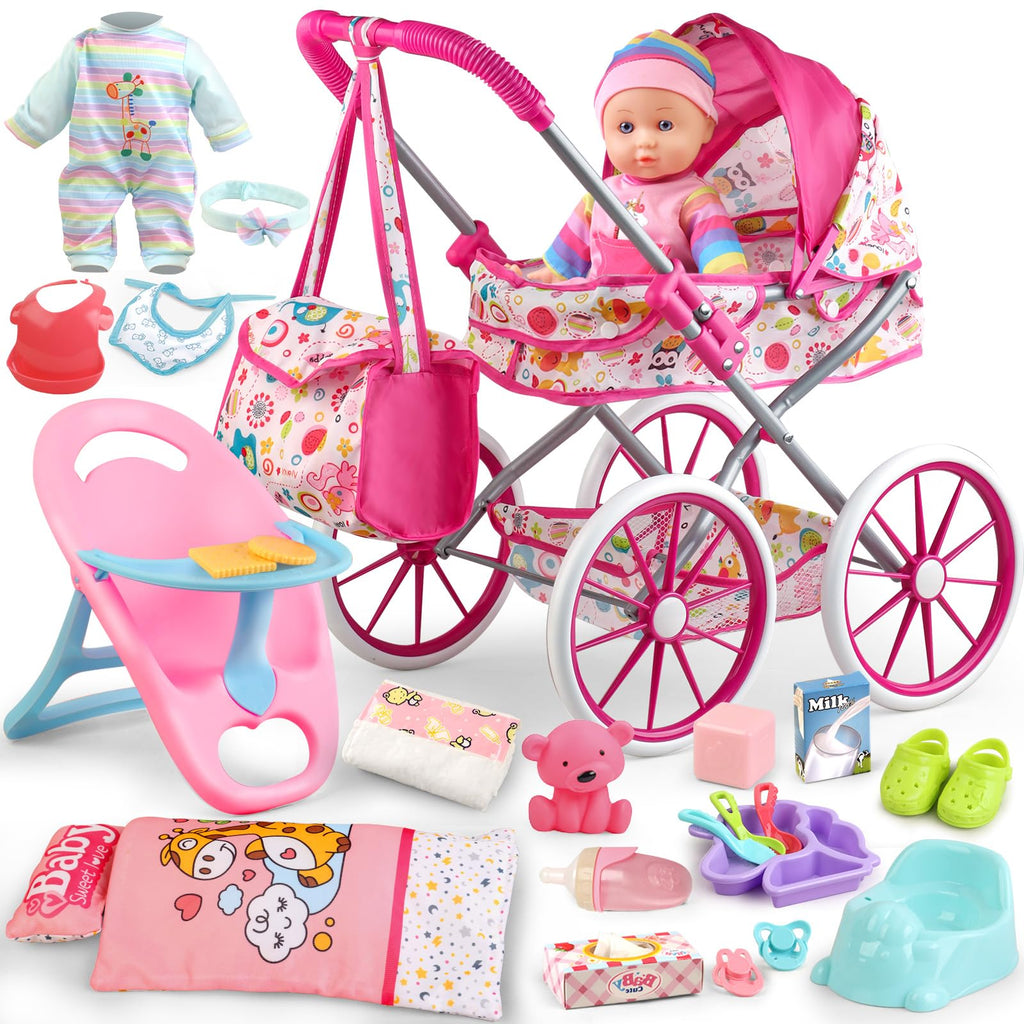 Baby Doll Stroller Toys Set with 12.5" Baby Doll,Dining Chair,Quilt Pillow,24 PCS Doll Accessories and 2 Sets Doll Clothes,Baby Stroller Toys for Girls Toddlers 3-5 4-6 5-7 Gifts for Pretend Play