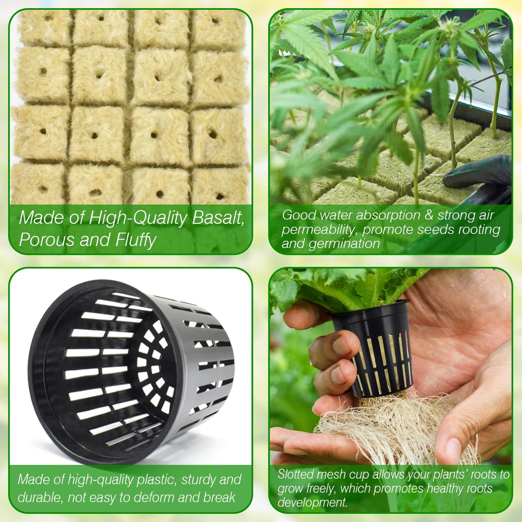 Halatool 72PCS 1.2" Rockwool Cubes & 56PCS 2" Net Cups for Hydroponics