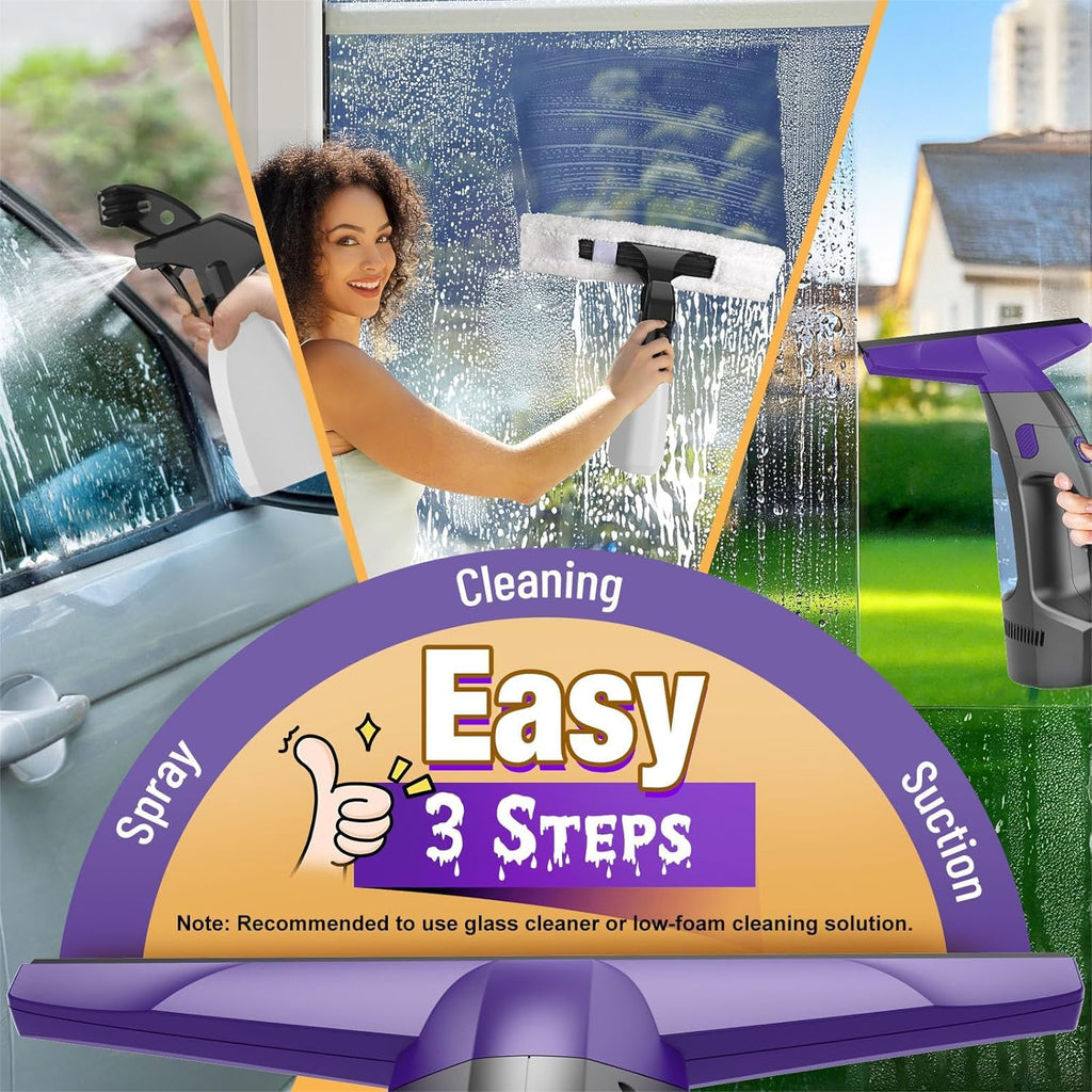 Window Vacuum Squeegee Cordless, 2000Pa Electric Window Cleaner with Power Blade, Vacuum Squeegee for Window Cleaning, Streak-Free Window Vacuum with 360ml Spray Bottle for Windows, Mirrors, Tiles