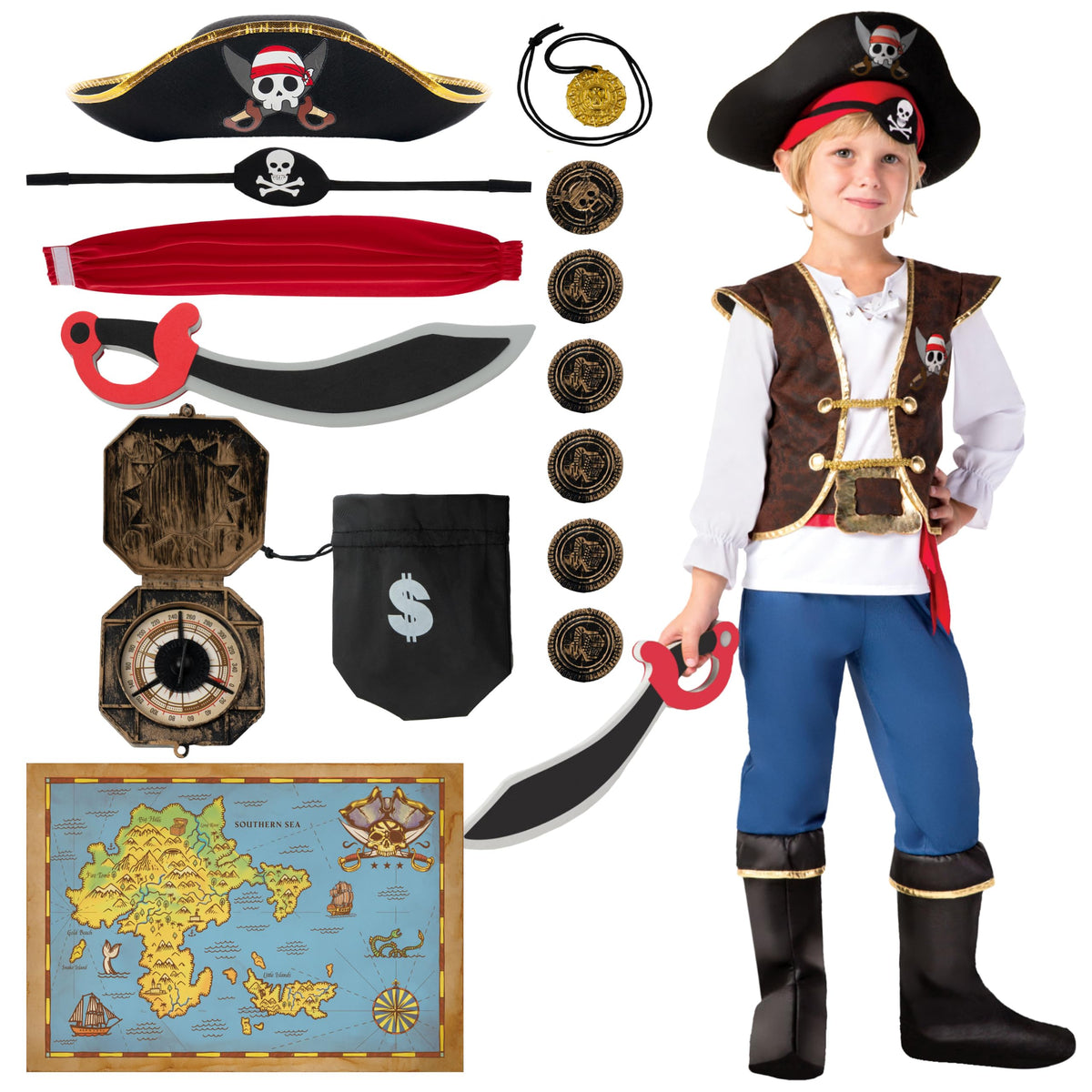 Spooktacular Creations Halloween Pirate Costume Kids, Blue Boys Pirate Costume Deluxe Set with Accessories for Toddler Halloween DressUp, Themed Party (Small, 5-7 yrs)