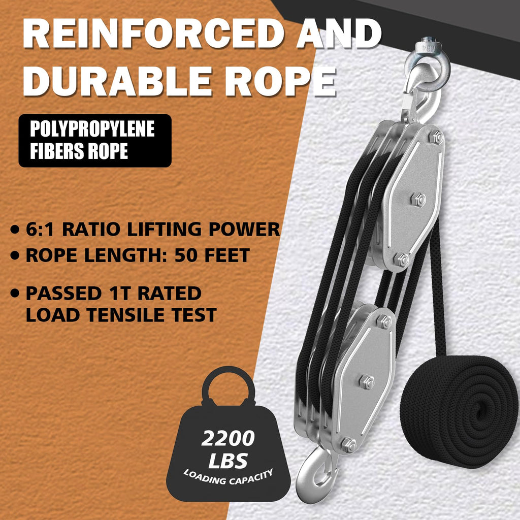 YATOINTO Rope Pulley Hoist with Bearing, 2200 LB Pulley Block and Tackle System 6:1 Power, Pulley Block 1100LB Loading Capacity, 50ft Heavy Duty Rope Hoist for Hunting Garage Warehouse Constructions