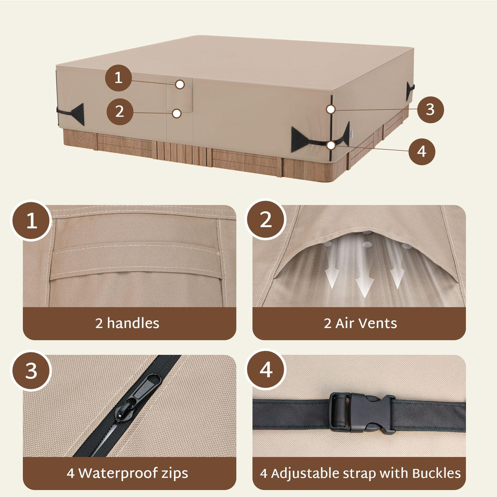 iBirdie Outdoor Waterproof and Weatherproof Hot Tub Cover 90 x 90 inch fit 89 x 89 or 88 x 88 or 87 x 87 Square SPA 600D Heavy Duty Cover Protectors Protective Cap, Brown