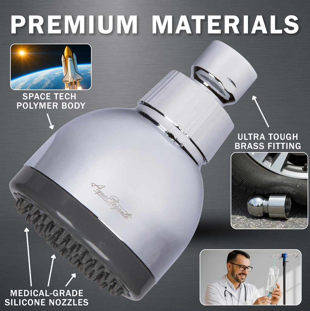 Aqua Elegante High Pressure Shower Head - Best 3 Inch Wall Mount Bathroom Showerhead For Boosting Low Flow With Anti-Clog Nozzles & Adjustable Brass Ball Joint - 1.8 GPM - Polished Chrome