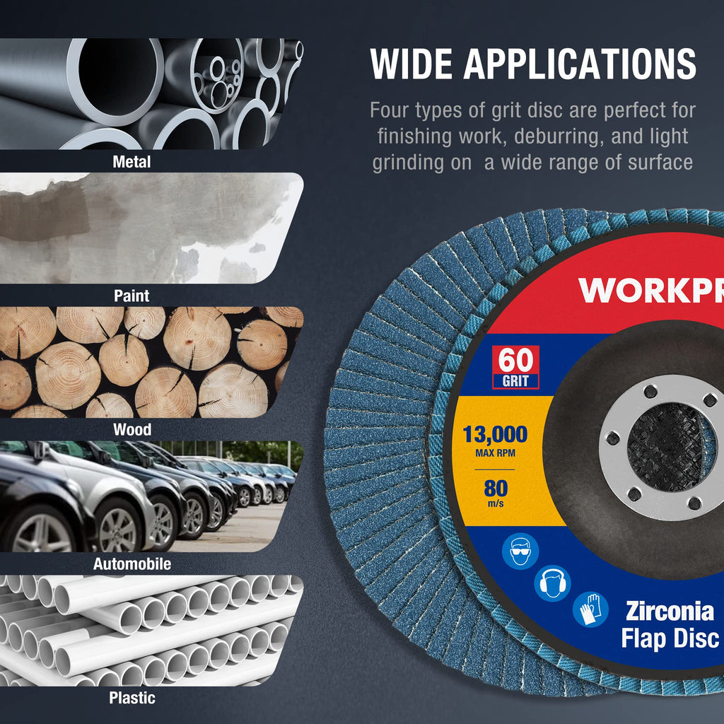 WORKPRO 10-Pack Flap Discs, 4-1/2-inch, Arbor Size 7/8-inch, T29 Zirconia Abrasive Grinding Wheel and Flap Sanding Disc, Includes 60 Grit
