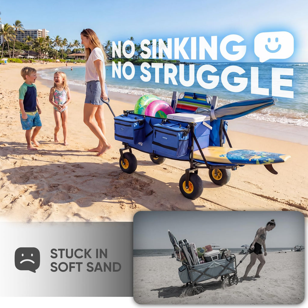 Sekey Heavy Duty Beach Wagon with 9" Big Sand-Proof Wheels, 300L Oversized Foldable Beach Cart with Cooler| Adjustable Handle & Balloon Tires for Sand, Camping,Vacation