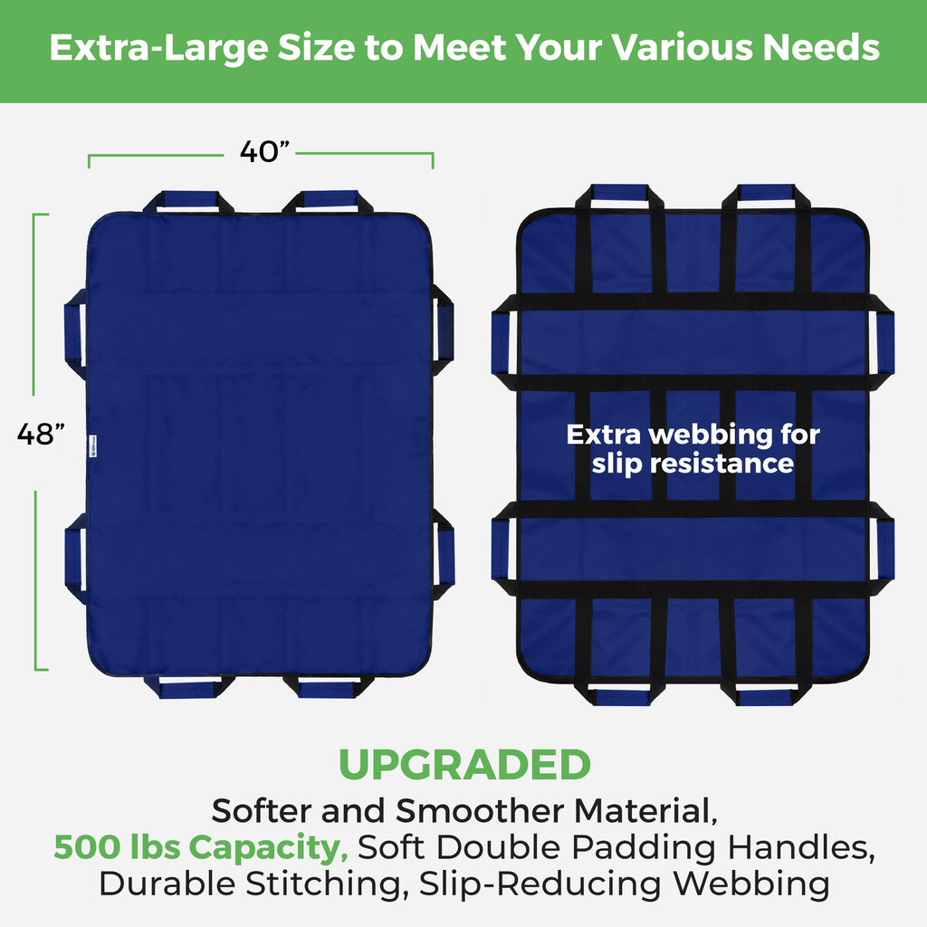Positioning Bed Pad with 8 Reinforced Padded Handles - Washable Transfer Sheet for Lifting & Repositioning - Quick-Dry Patient Slide Blanket for Caregiver, Bedridden, Elderly - 48" x 40", Blue Ver 2