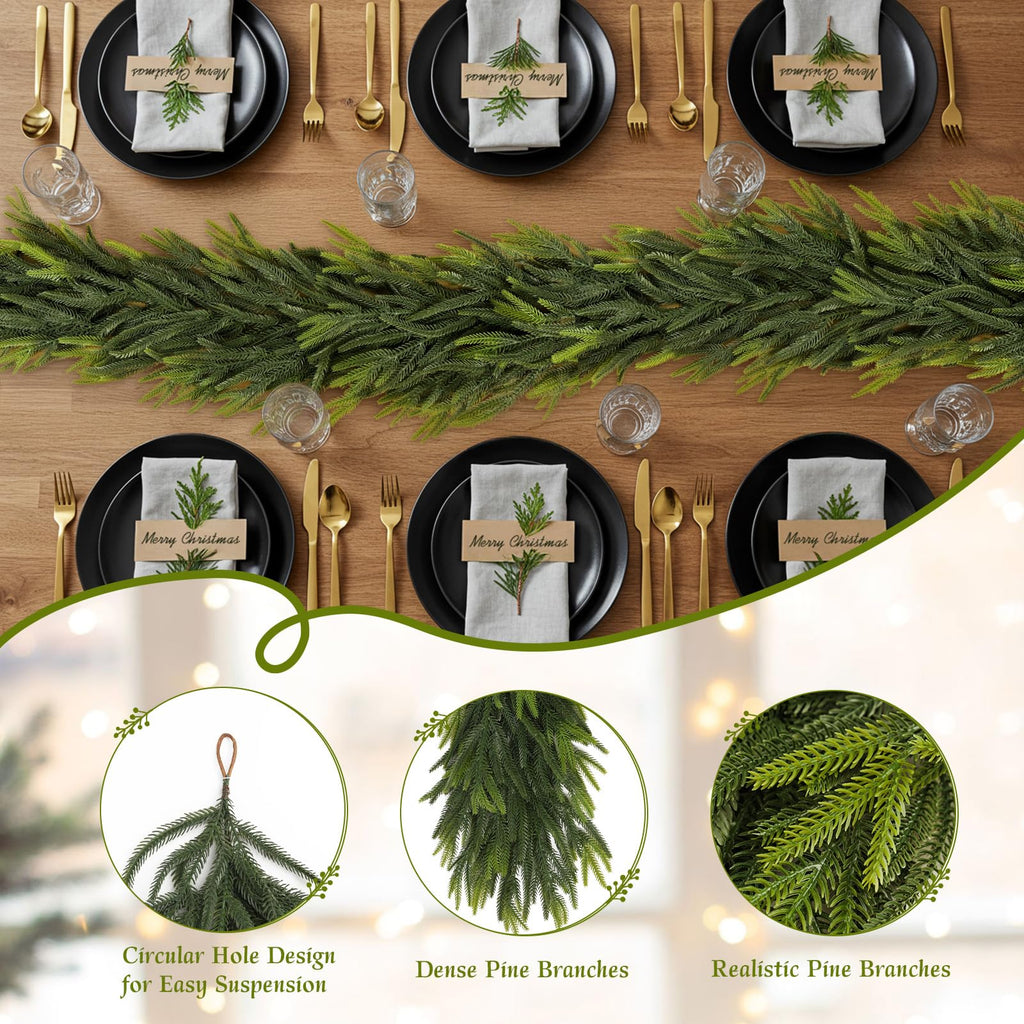 N&T NIETING 9FT Christmas Norfolk Pine Garland Real Touch Artificial Greenery Garlands Faux Winter Garland for Mantle Fireplace Table Stair Front Door Indoor Outdoor Holiday Xmas Decorations (1 Pcs)
