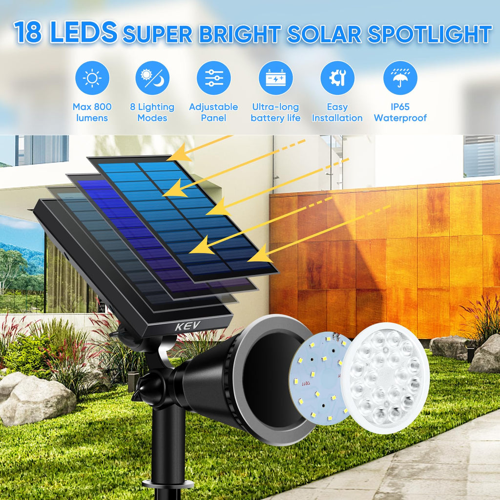 KEV 800 Lumens Solar Spot Lights Outdoor,4 Pack 18 LEDs Solar Flood Lights with 2 Modes &Adjustable &IPX65 Waterproof,Solar Spotlight for Driveway/Backyard/Patio Landscape/Tree/Garage(Warm White)