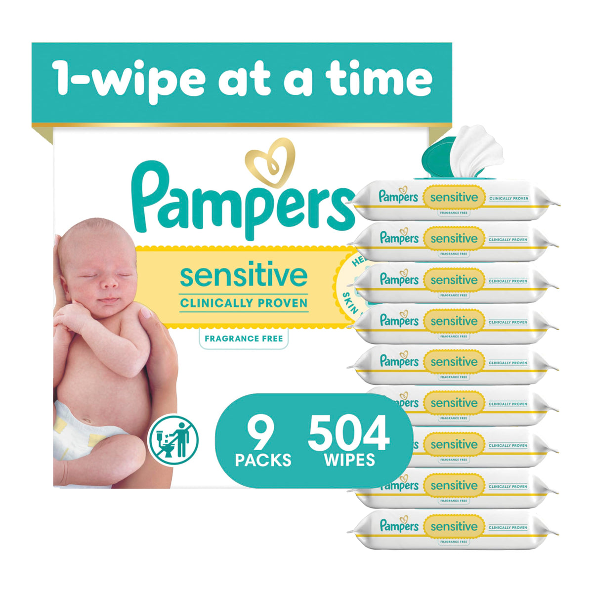 Pampers Sensitive Baby Wipes, Unscented, Fragrance Free, Clinically Proven, Water Based, Hypoallergenic, Multi-Use, Hand Wipes, 504 Wipes Total (9X Flip-Top Packs)