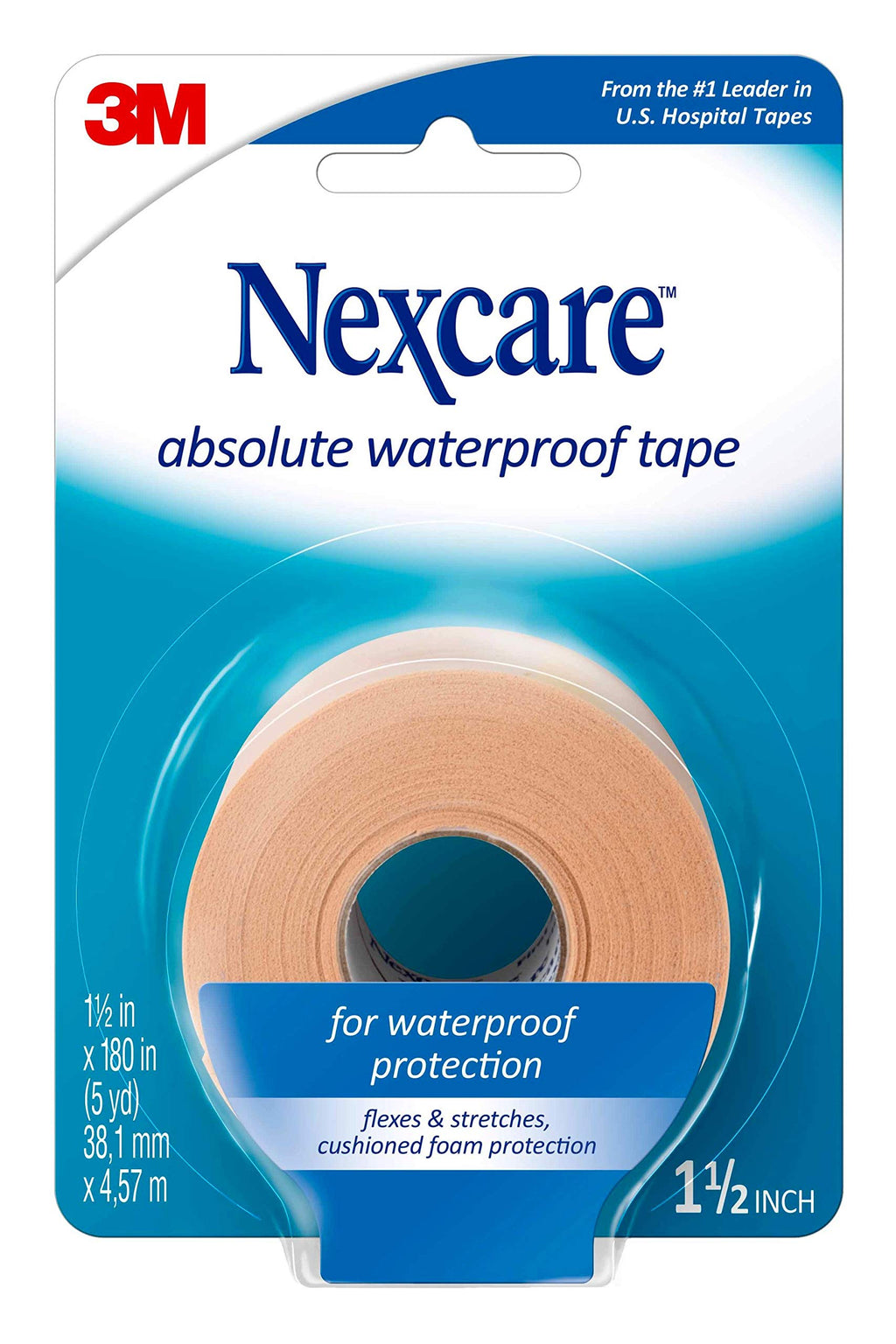 Nexcare Absolute Waterproof Tape, Flexible Foam Medical Tape, Secures Dressing and Keeps Wounds Dry - 1.5 in x 5 yds, 1 Roll of Tape