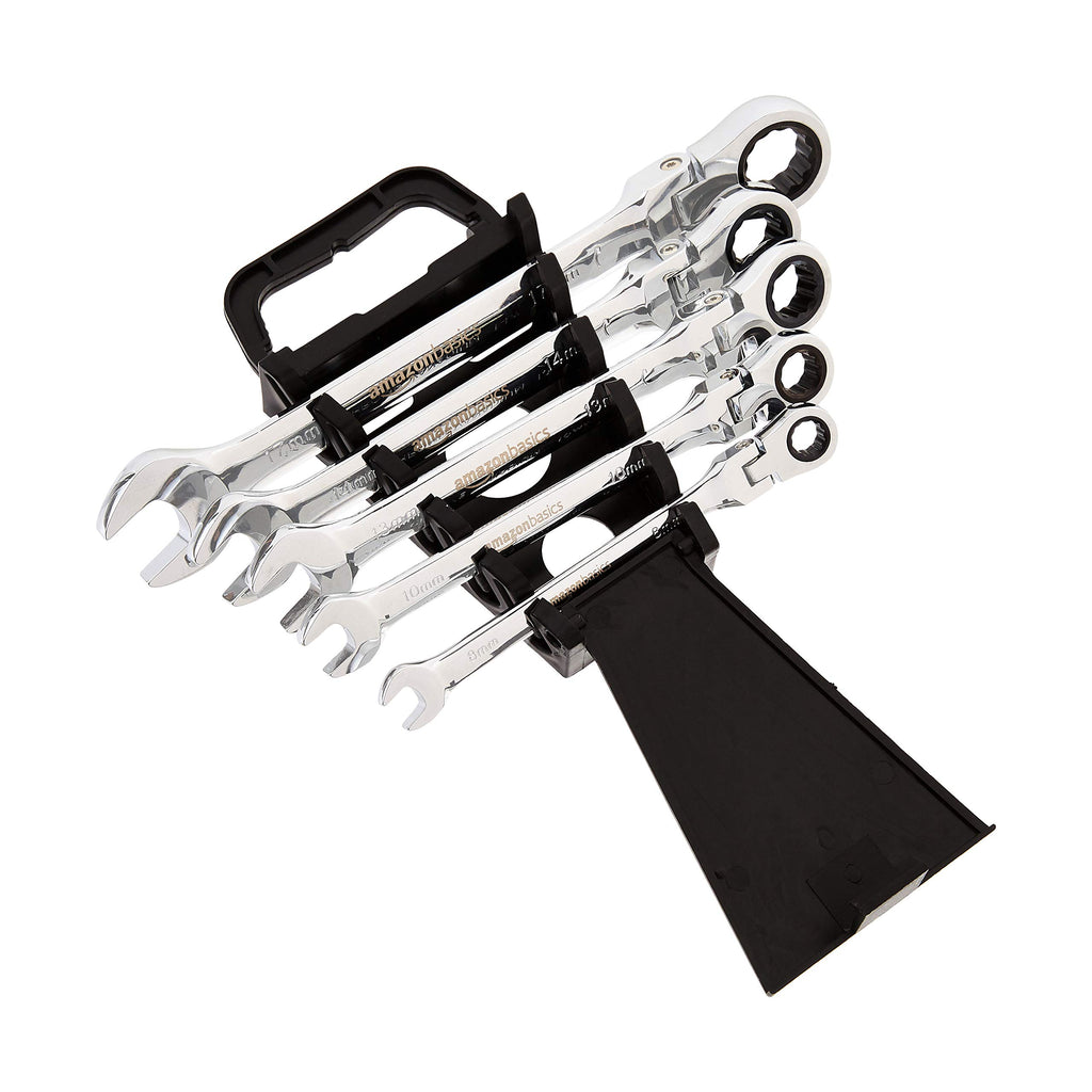 Amazon Basics 72-Tooth Ratcheting Combination Wrench Set, Chrome Vanadium Steel Flex Head, 5-Piece Metric, 180° Flexible