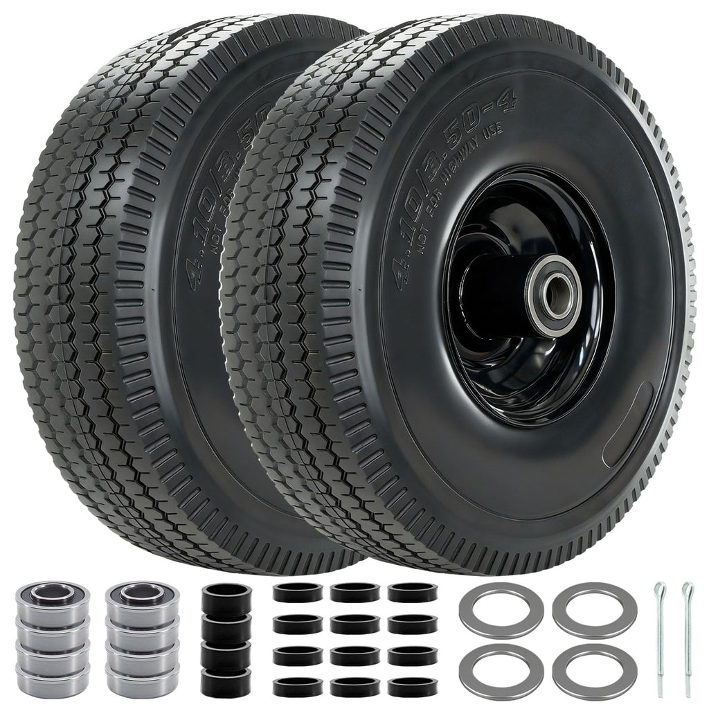 4.10/3.50-4 Tire and Wheel, 10" Solid Tires with 5/8” Bearing, Extra 3/4”&1/2” Bearings, 2.2” Offset Hub, Flat Free 4.10/3.50-4'' Wheels for Dollies, Hand Trucks, Tractors (2 Pack) (Black)
