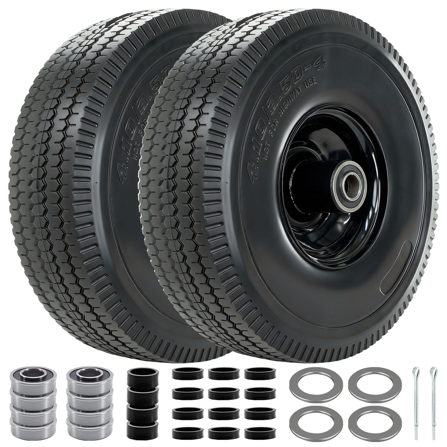 4.10/3.50-4 Tire and Wheel, 10" Solid Tires with 5/8” Bearing, Extra 3/4”&1/2” Bearings, 2.2” Offset Hub, Flat Free 4.10/3.50-4'' Wheels for Dollies, Hand Trucks, Tractors (2 Pack) (Black)