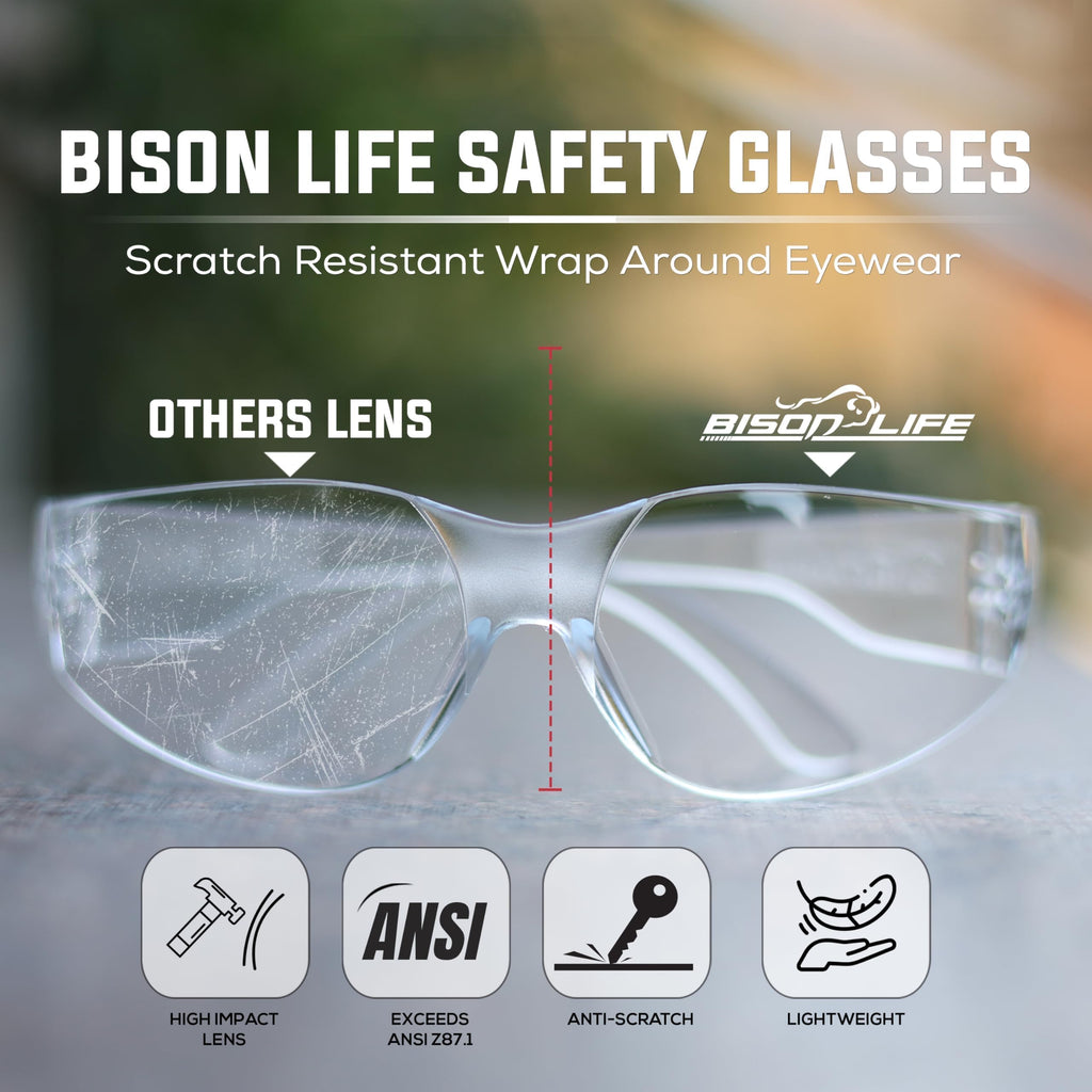 BISON LIFE Black Safety Glasses – Case of 144 Pairs of Scratch Resistant Eyewear, Polycarbonate Impact Resistant Lens
