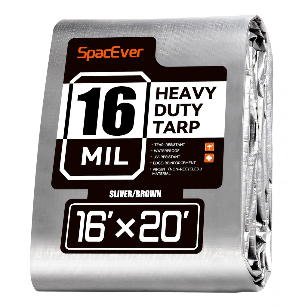 SpacEver 16x20 FT Tarp Waterproof, 16 Mil Tarps Heavy Duty Waterproof Multipurpose Protective Cover UV Resistant Rip & Tear Resistant with Grommets Reversible for Home Boats Cars Camping