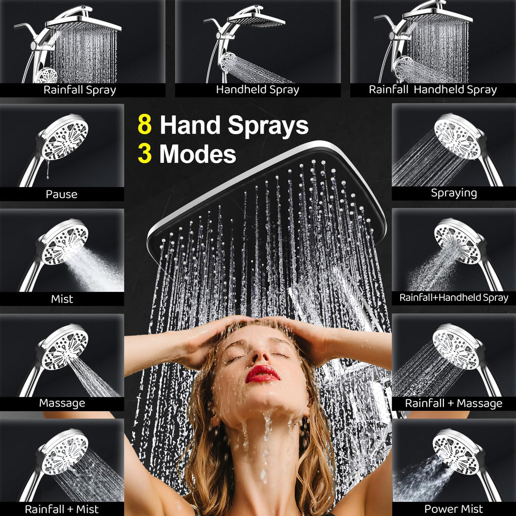 Rain Shower Head with filtered Handheld High Pressure rainfall Shower Heads with Handheld Spray Combo Adjustable one-piece stand daul shower head Built-in Magnetic Docking and Power Jets