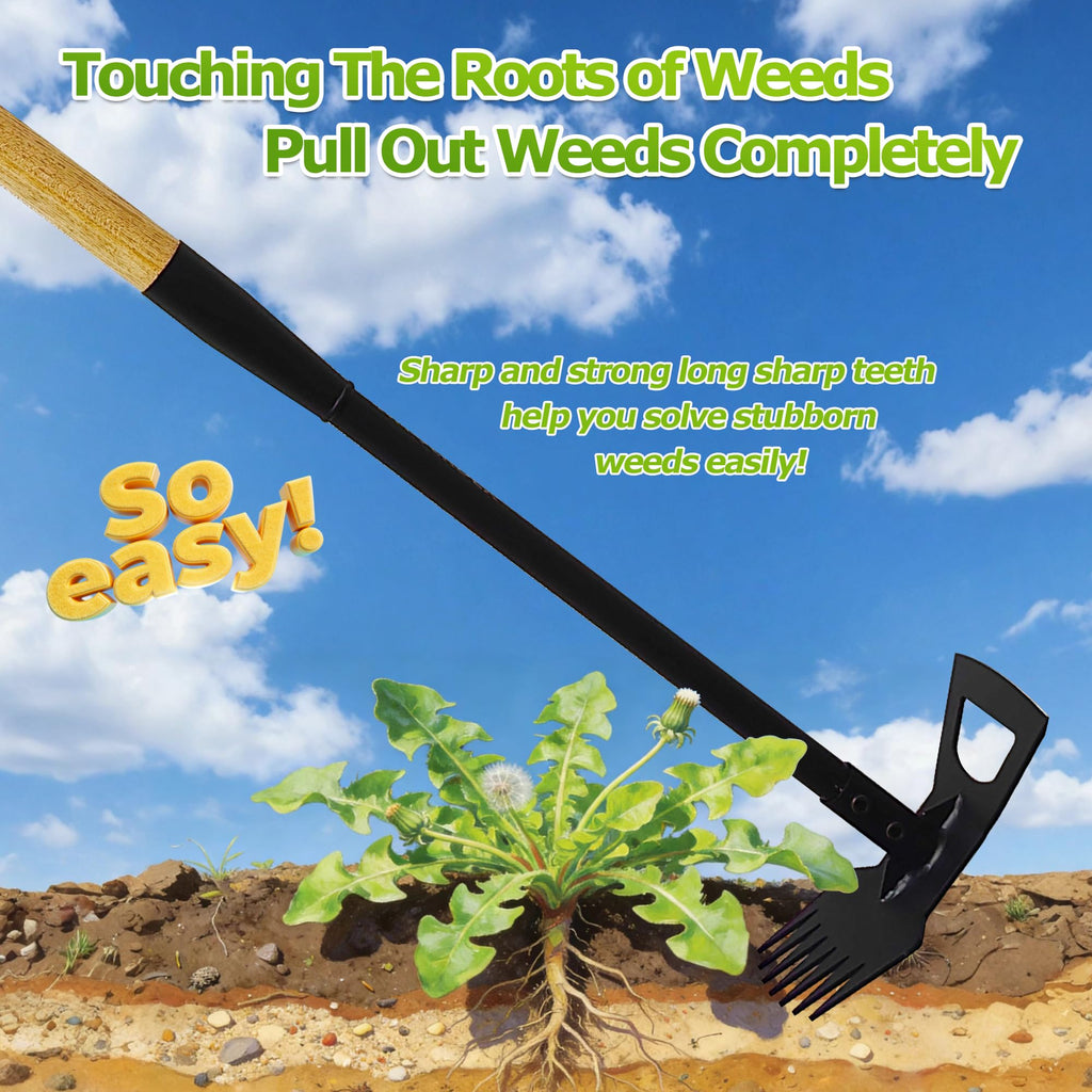 60" Wood Handle Weed Puller Tool, 7-Tine Garden Hoe, Secure Fit, No Bending