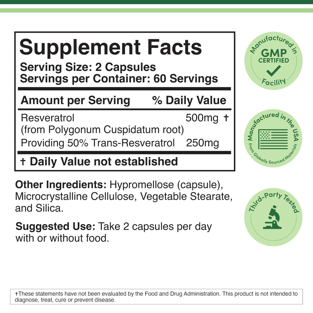 Resveratrol Supplement 500mg Per Serving, 120 Capsules (Resveratrol Polygonum Root Extract Providing 50% Trans Resveratrol) Healthy Aging Support by Double Wood (Pack of 2)