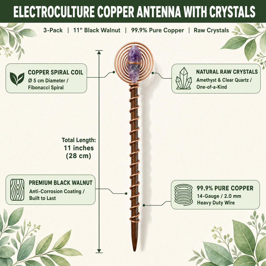 3-Pack Electroculture Copper Gardening Antenna with Crystals, 11" Electroculture Plant Stakes, 2.0mm Thick Copper Garden Stakes with Walnut Rods, Amethyst for Planters, Raised Beds