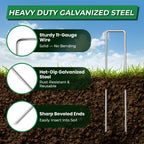 Landscape Staples 50 Pack, 6 Inch 11 Gauge Heavy Duty Galvanized Garden Staples with 50pcs Fixing Washers, Rubber Mallet & Hook Remover, U Shaped Weed Barrier Stakes for Sod, Turf and Lawn
