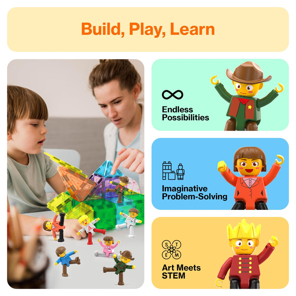 PicassoTiles 15-Piece Magnetic Character Action Figures Add-on Set for Construction Building Block Tiles