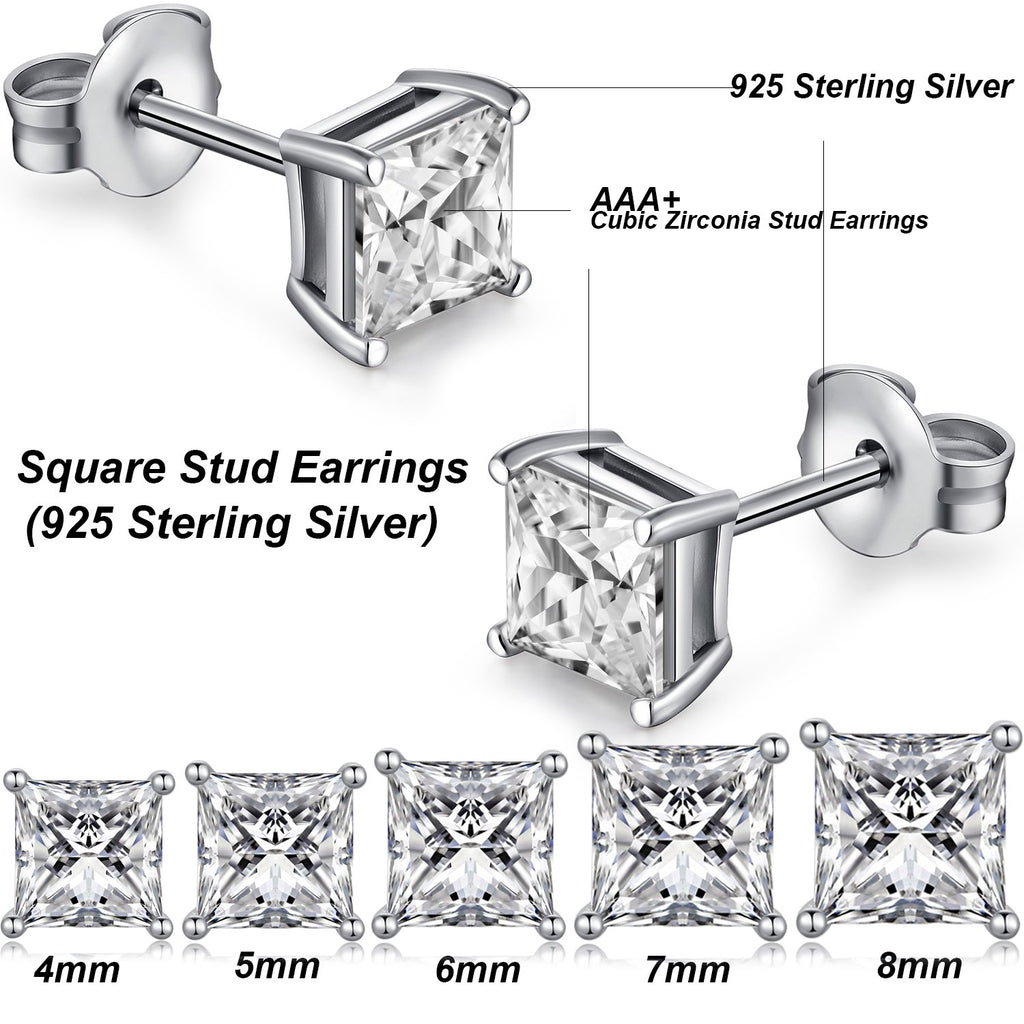 18K White Plated Sterling Silver Princess Cut Cubic Zirconia Stud Earrings Square Simulated Diamond CZ Stud Earrings for Women Men Hypoallergenic 6mm