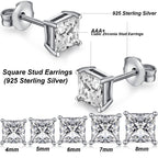 18K White Plated Sterling Silver Princess Cut Cubic Zirconia Stud Earrings Square Simulated Diamond CZ Stud Earrings for Women Men Hypoallergenic 6mm