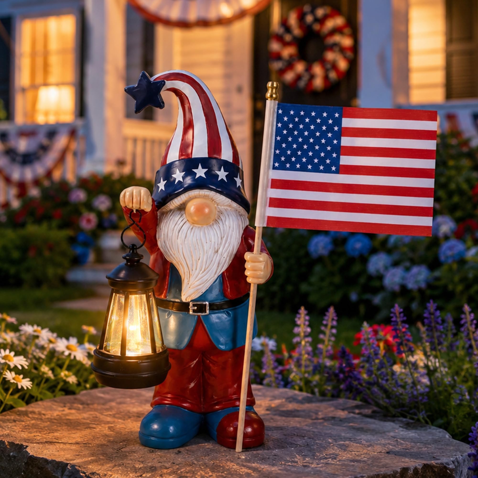 Nacome Solar Patriotic Gnomes Statues with Flag for Garden Decor