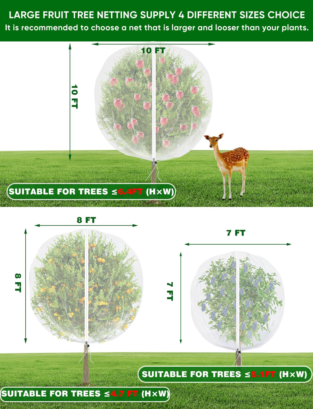 VITI Large Fruit Trees Netting Zipper - 2Pcs 10X10 FT with Drawstring Bird-Proof,Durable Mesh Covers for Blueberry,Apple,Pear,Peach,Orange Trees&Tomato Plants Bug Insect Protection Cover (2,10X10 FT)