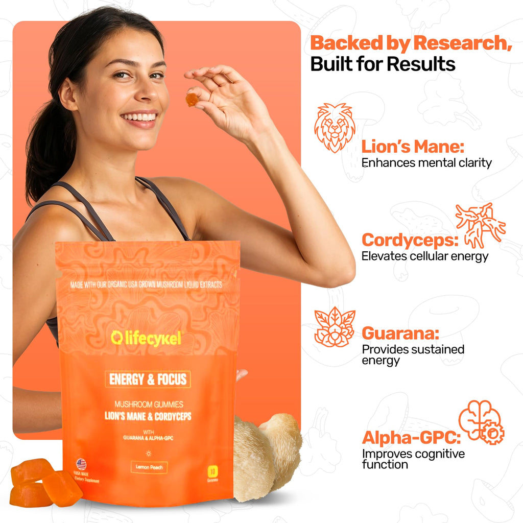 Life Cykel - AM Energy and Focus Mushroom Gummies, 10 Count - Organic Lion's Mane Gummies with Cordyceps, Guarana & Alpha GPC for Mental Clarity, Natural Energy, Endurance & Focus - Lemon Peach Flavor