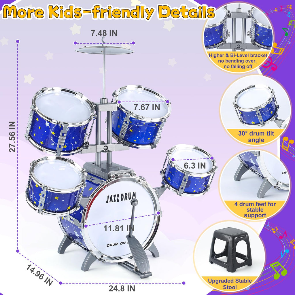 Upgraded Kids Drum Set for Toddlers 1-3, Kids Jazz Drum Ages 3-5, Star Light up Musical Instrument Toys for Boys Girls 2-5 4-6 5-7 ( All Plastic)