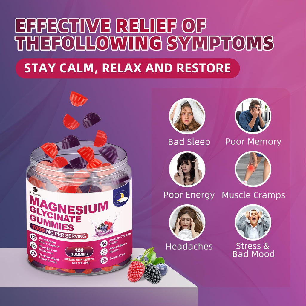 120 CT Magnesium Glycinate Gummies 1000 mg for Women and Men, Magnesium Malate & Taurate Supplements for Sleep, Body Support and Relaxation, Sugar Free, Vegan, Raspberry BlackBerry Blueberry Flavor