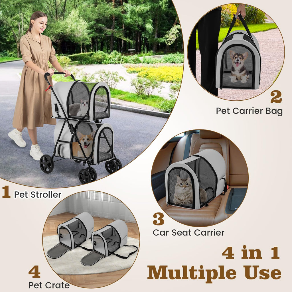 HAPPAWS Dog Stroller with 2 Detachable Carrier, Pet Stroller for Small Medium Dogs Cats, Jogger/Travel/Camping, 4-in-1 Doggy Pet Carrier, Carrier Strolling Cart with Lockable Wheels (Gray)
