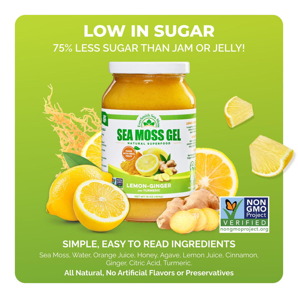 EverSmith Organics - Wildcrafted Irish Sea Moss Gel | Made in USA | Rich in Vitamins & Minerals | Sea Moss Gel Raw | Nutritional Supplement | Lemon Ginger (16 oz)