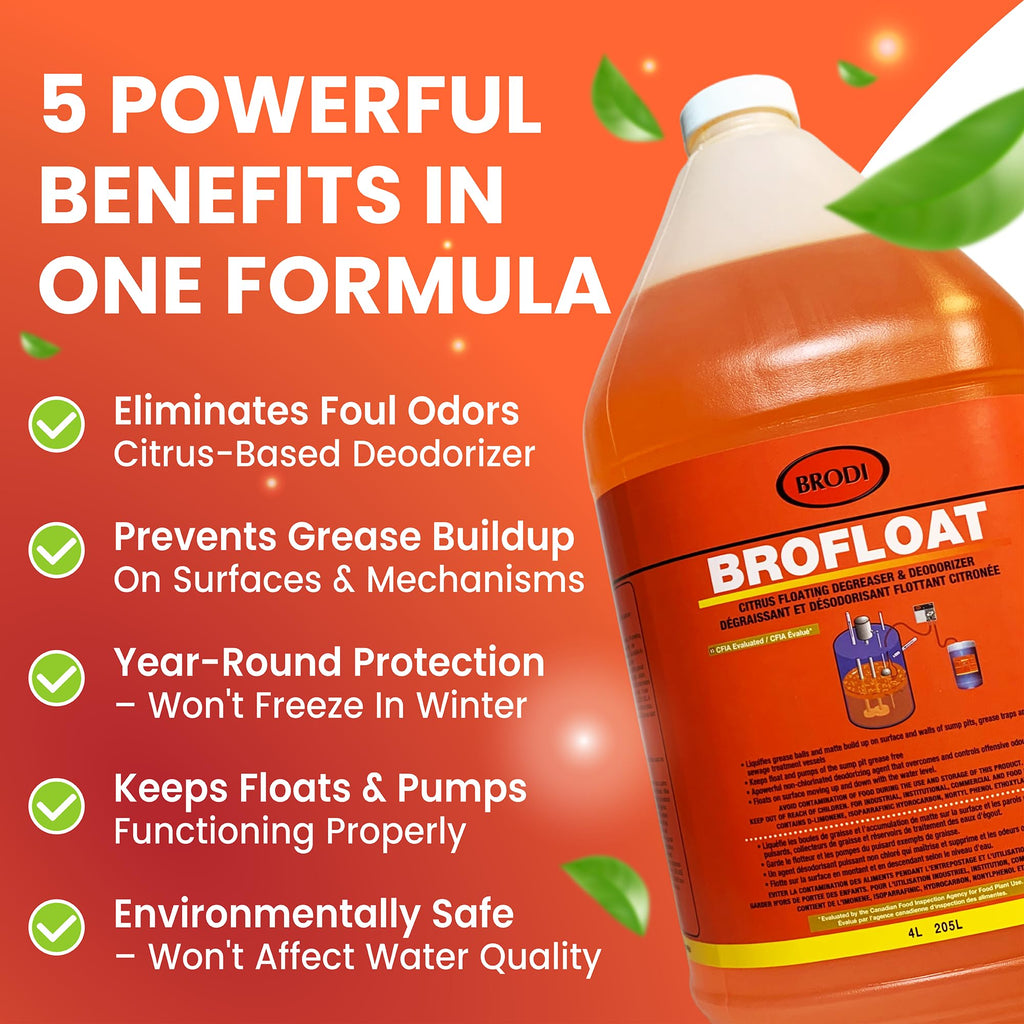 Brodi BroFloat Sump Pit Deodorizer & Degreaser, Industrial-Strength, Floating Protective Layer, Stops Odors & Dissolves Grease, Freeze-Proof, Concrete & Steel Safe, Pack of 1