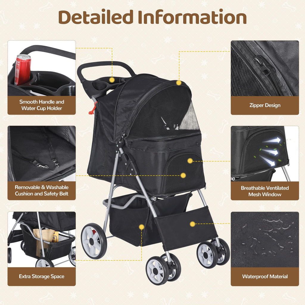 ZENY Foldable Pet Stroller, Cat/Dog Stroller with 4 Wheel, Pet Travel Carrier Strolling Cart with Storage Basket, Cup Holder (Black)
