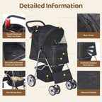 ZENY Foldable Pet Stroller, Cat/Dog Stroller with 4 Wheel, Pet Travel Carrier Strolling Cart with Storage Basket, Cup Holder (Black)
