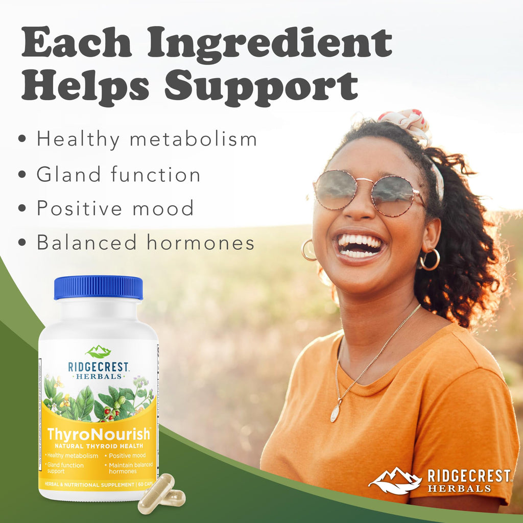 Ridgecrest Herbals ThyroNourish, Thyroid Support, Herbal and Vitamin Supplement with Ashwagandha, L-Tyrosine, Iodine, Copper, Kelp. Supports Energy, Metabolism Health, Normal Sleep (60 Caps, 30 Serv)