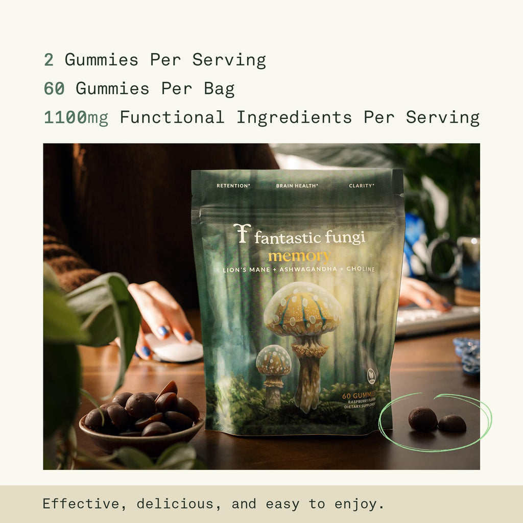 Fantastic Fungi Organic Mushroom Gummies for Focus & Memory, Lions Mane, Choline & Ashwagandha Gummies for Adults | Vegan, Sweet & Sour Flavor | 1 Month Supply | 60 Gummy Chewables