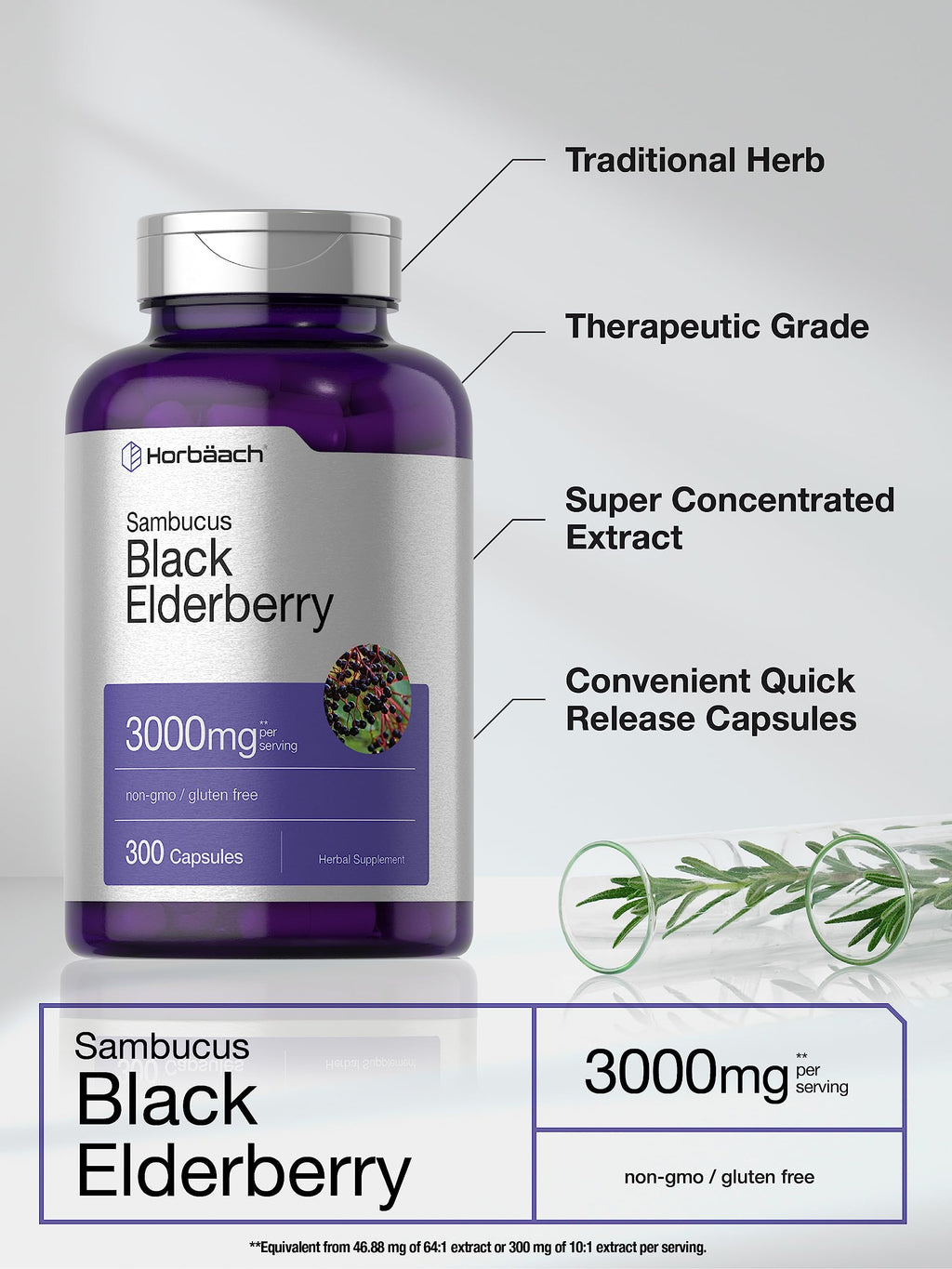 Horbäach Black Elderberry | 300 Capsules | Non-GMO, Gluten Free | Sambucus Supplement