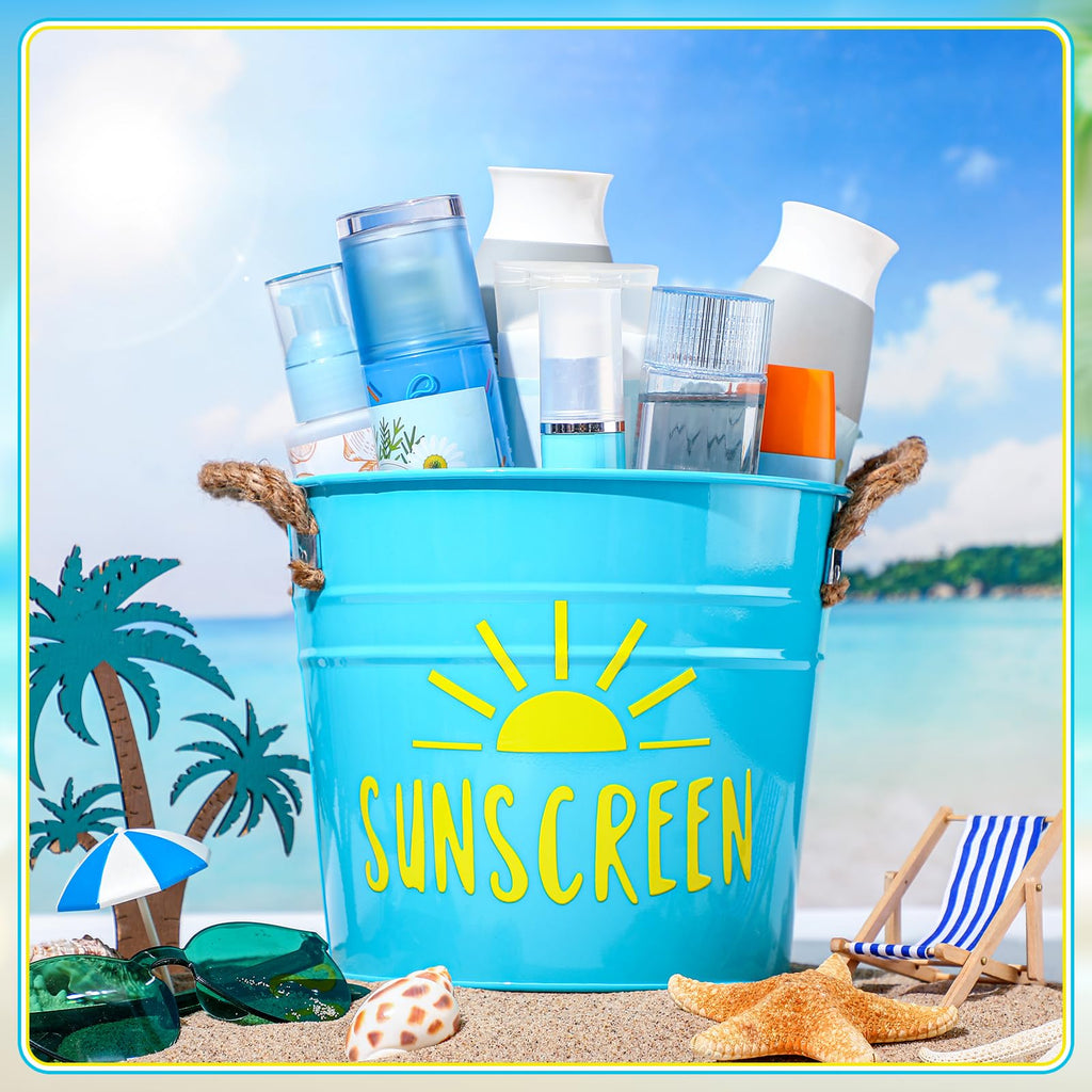 Blulu Sunscreen Holder Storage Pool Spray Bucket Tin Handle Poolside Basket 7.8 x 6.7 x 5.9 Inches Summer Pool Swimming Storage for Outdoor Decor Sunblock Sunglasses Accessories